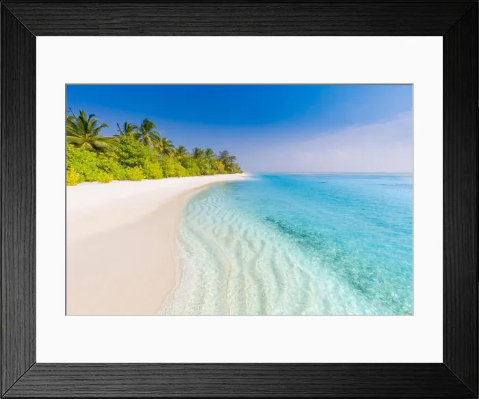 Framed Print : Beautiful beach with palm trees and moody sky. Summer vacation travel holiday background concept. Maldives paradise beach. Luxury summer travel Framed Print : Beautiful beach with palm trees and moody sky. Summer vacation travel holiday background concept. Maldives paradise beach. Luxury summer travel