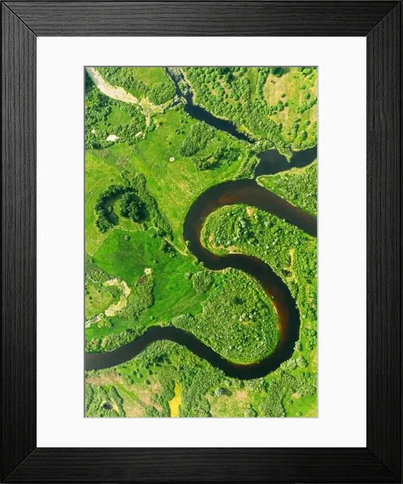 Framed Print : Aerial View Of Summer Curved River Landscape In Sunny Summer Day. Top View Of Beautiful European Nature From High Attitude In Summer Season. Drone Framed Print : Aerial View Of Summer Curved River Landscape In Sunny Summer Day. Top View Of Beautiful European Nature From High Attitude In Summer Season. Drone