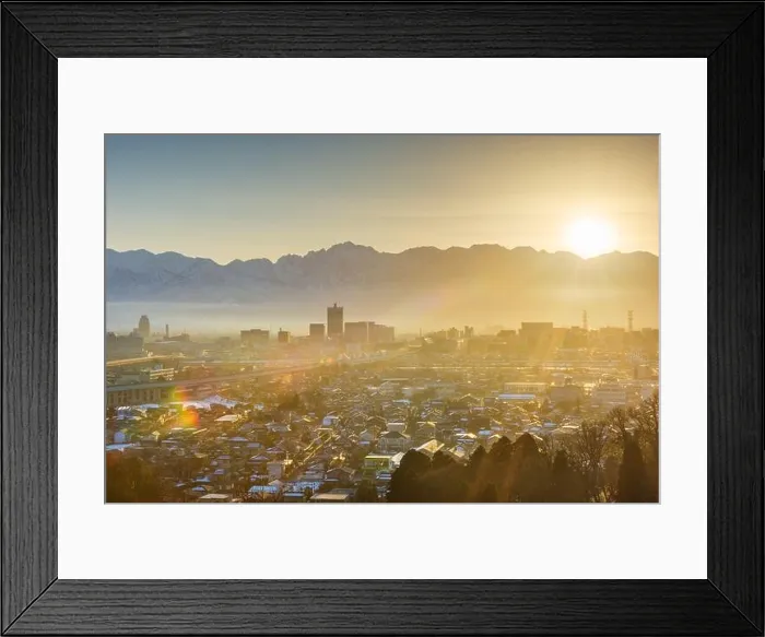 Framed Print : Toyama, Japan downtown city skyline with Tateyama Mountain at dawn Framed Print : Toyama, Japan downtown city skyline with Tateyama Mountain at dawn