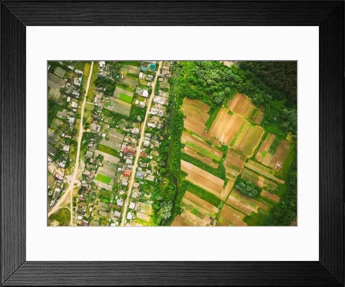 Framed Print : Aerial View Of Vegetable Gardens In Small Town Or Village. Skyline In Summer Evening. Village Garden Beds In Bird's-eye View Framed Print : Aerial View Of Vegetable Gardens In Small Town Or Village. Skyline In Summer Evening. Village Garden Beds In Bird's-eye View