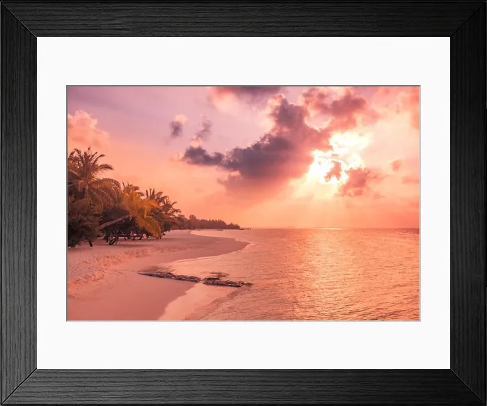 Framed Print : Perfect tropical beach sunset. Beach banner in sunset time. Calm and tranquil exotic nature landscape. Inspirational beach scene Framed Print : Perfect tropical beach sunset. Beach banner in sunset time. Calm and tranquil exotic nature landscape. Inspirational beach scene