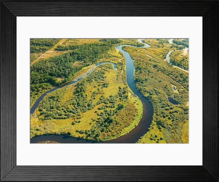 Framed Print : Aerial View Green Forest Woods And River Landscape In Sunny Spring Summer Day. Top View Of Beautiful European Nature From High Attitude In Autumn Framed Print : Aerial View Green Forest Woods And River Landscape In Sunny Spring Summer Day. Top View Of Beautiful European Nature From High Attitude In Autumn