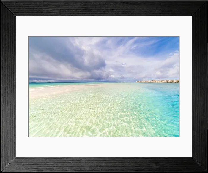Framed Print : Maldives paradise beach. Beautiful palm trees and tropical beach. Moody blue sky and blue lagoon. Luxury travel summer holiday, exotic travel Framed Print : Maldives paradise beach. Beautiful palm trees and tropical beach. Moody blue sky and blue lagoon. Luxury travel summer holiday, exotic travel