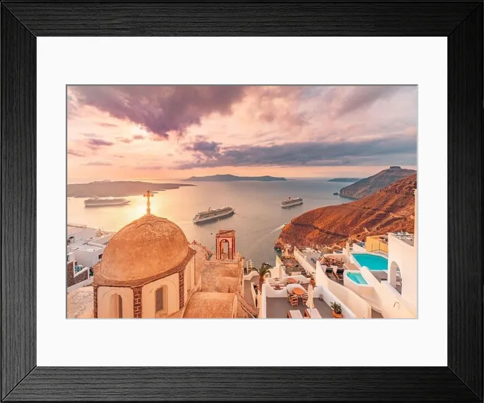 Framed Print : Fantastic evening view of Santorini island. Picturesque spring sunset on famous view resort Fira, Greece, Europe. Traveling concept background. Sunset Framed Print : Fantastic evening view of Santorini island. Picturesque spring sunset on famous view resort Fira, Greece, Europe. Traveling concept background. Sunset