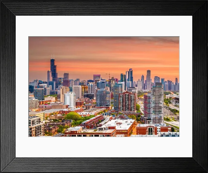 Framed Print : Chicago, Illinois, USA aerial downtown skyline at dusk towards Lake Michigan Framed Print : Chicago, Illinois, USA aerial downtown skyline at dusk towards Lake Michigan