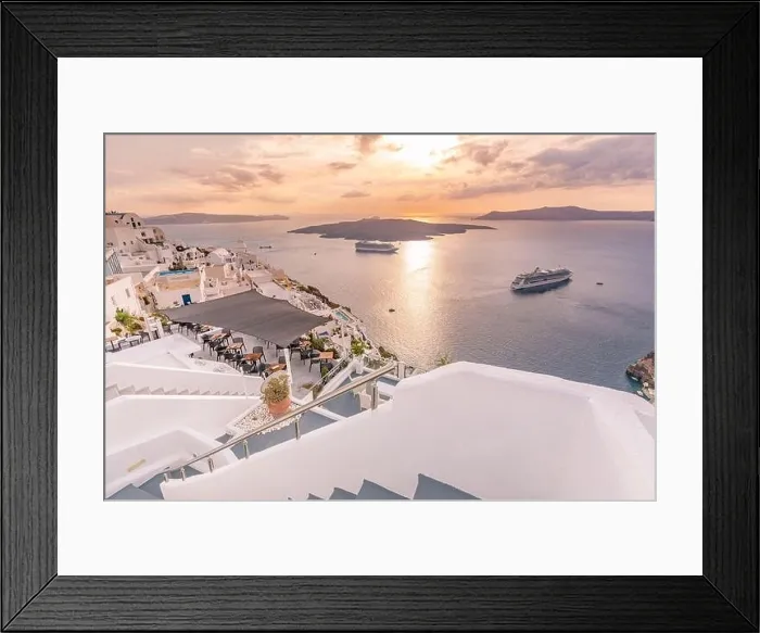 Framed Print : Fantastic evening view of Santorini island. Picturesque spring sunset on famous view resort Fira, Greece, Europe. Traveling concept background. Sunset Framed Print : Fantastic evening view of Santorini island. Picturesque spring sunset on famous view resort Fira, Greece, Europe. Traveling concept background. Sunset