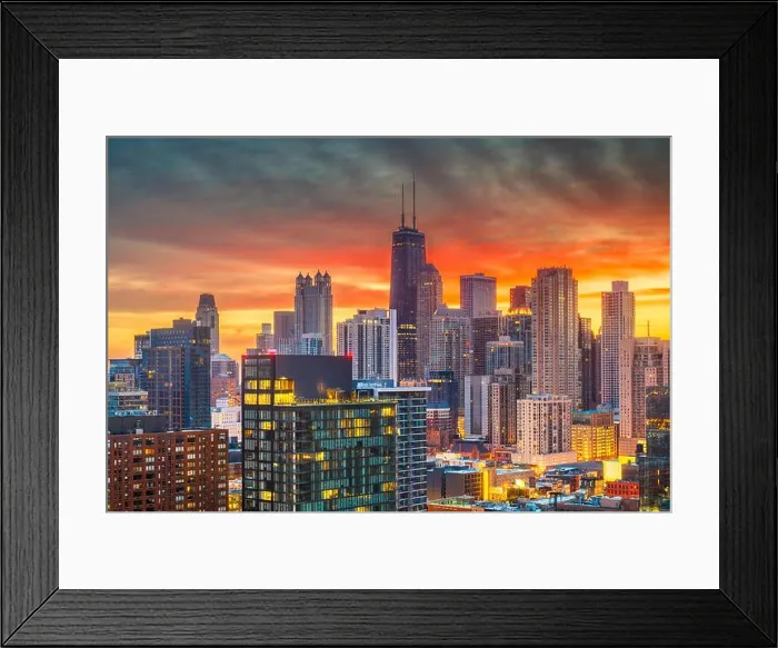 Framed Print : Chicago, Illinois, USA aerial downtown skyline at dusk towards Lake Michigan Framed Print : Chicago, Illinois, USA aerial downtown skyline at dusk towards Lake Michigan