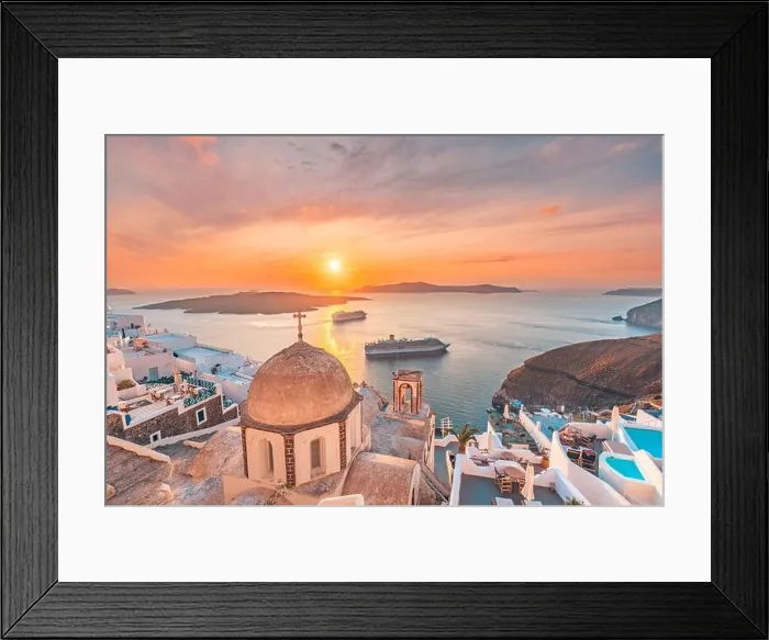 Framed Print : Fantastic evening view of Santorini island. Picturesque spring sunset on famous view resort Fira, Greece, Europe. Traveling concept background. Sunset Framed Print : Fantastic evening view of Santorini island. Picturesque spring sunset on famous view resort Fira, Greece, Europe. Traveling concept background. Sunset