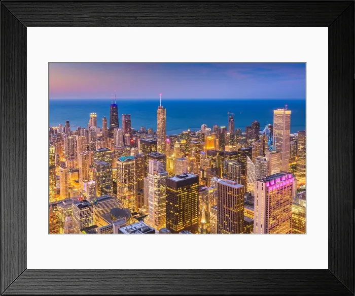 Framed Print : Chicago, Illinois, USA aerial downtown skyline at dusk towards Lake Michigan Framed Print : Chicago, Illinois, USA aerial downtown skyline at dusk towards Lake Michigan
