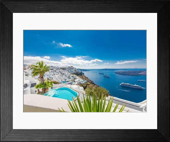 Framed Print : Amazing travel vacation landscape, summer destination in Santorini, Oia. White architecture, pool, romantic sea view with cruise ships. Idyllic scene Framed Print : Amazing travel vacation landscape, summer destination in Santorini, Oia. White architecture, pool, romantic sea view with cruise ships. Idyllic scene