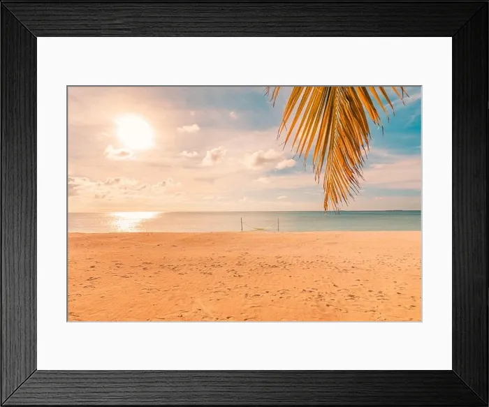 Framed Print : Palm tree leaf silhouette on a background of tropical sunset. Sea shore coast, horizon cloudy sky. Summer travel landscape concept Framed Print : Palm tree leaf silhouette on a background of tropical sunset. Sea shore coast, horizon cloudy sky. Summer travel landscape concept