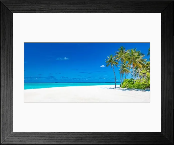 Framed Print : Summer beach banner. Coast, shore with white sand palm trees endless sea view. Tranquil nature, relax view. Tropical idyllic paradise island panorama Framed Print : Summer beach banner. Coast, shore with white sand palm trees endless sea view. Tranquil nature, relax view. Tropical idyllic paradise island panorama