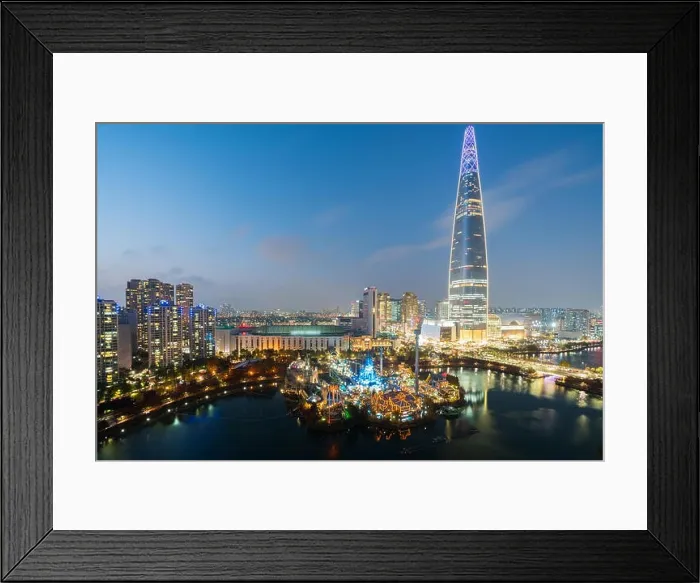 Framed Print : South Korea skyline of Seoul at night, The best view of South Korea with Lotte world mall at Jamsil in Seoul Framed Print : South Korea skyline of Seoul at night, The best view of South Korea with Lotte world mall at Jamsil in Seoul