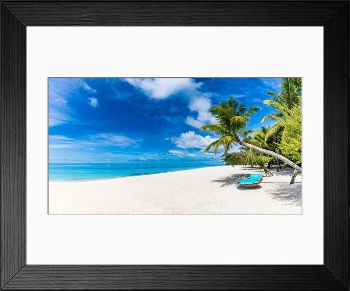 Framed Print : Beautiful tropical island with palm trees and beach swing or hammock panoramic landscape. Luxury travel vacation paradise coast shore sea view inspire Framed Print : Beautiful tropical island with palm trees and beach swing or hammock panoramic landscape. Luxury travel vacation paradise coast shore sea view inspire