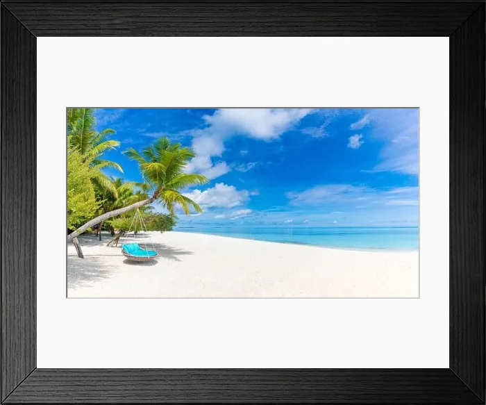 Framed Print : Beautiful tropical island with palm trees and beach swing or hammock panoramic landscape. Luxury travel vacation paradise coast shore sea view inspire