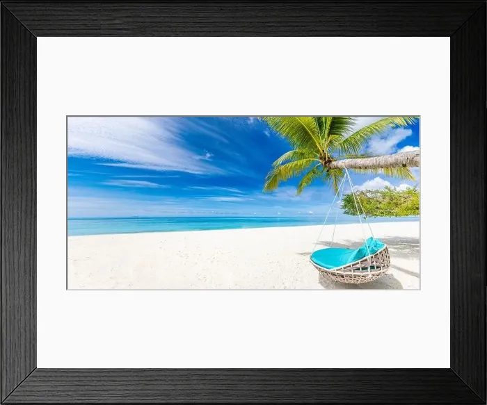 Framed Print : Beautiful tropical island with palm trees and beach swing or hammock panoramic landscape. Luxury travel vacation paradise coast shore sea view inspire Framed Print : Beautiful tropical island with palm trees and beach swing or hammock panoramic landscape. Luxury travel vacation paradise coast shore sea view inspire