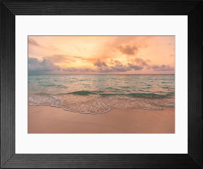 Framed Print : Closeup sea sand beach. Panoramic beach landscape. Inspire tropical beach seascape horizon. Orange and golden sunset sky calmness tranquil relaxing Framed Print : Closeup sea sand beach. Panoramic beach landscape. Inspire tropical beach seascape horizon. Orange and golden sunset sky calmness tranquil relaxing