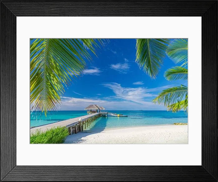Framed Print : Maldives island beach. Tropical landscape of summer scenery, sea sand sky over jetty pier. Luxury travel vacation destination. Exotic beach landscape Framed Print : Maldives island beach. Tropical landscape of summer scenery, sea sand sky over jetty pier. Luxury travel vacation destination. Exotic beach landscape
