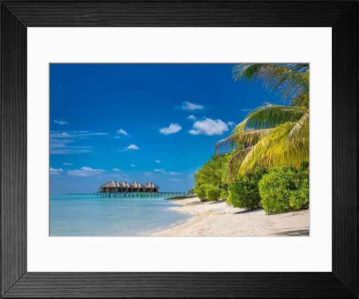 Framed Print : Tropical beach with water bungalows on the Maldives. Amazing shore coastline, sea view with luxury water villas and bungalows. Stunning sunny beach Framed Print : Tropical beach with water bungalows on the Maldives. Amazing shore coastline, sea view with luxury water villas and bungalows. Stunning sunny beach