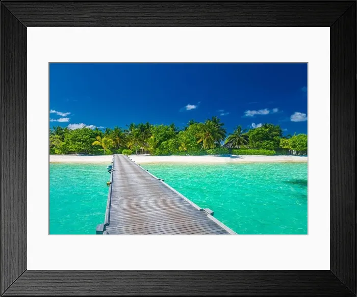 Framed Print : Maldives island beach. Tropical landscape of summer scenery, sea sand sky over jetty pier. Luxury travel vacation destination. Exotic beach landscape Framed Print : Maldives island beach. Tropical landscape of summer scenery, sea sand sky over jetty pier. Luxury travel vacation destination. Exotic beach landscape