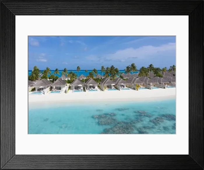 Framed Print : Perfect aerial landscape, luxury tropical resort or hotel with water villas and beautiful beach scenery. Amazing bird eyes view in Maldives, landscape Framed Print : Perfect aerial landscape, luxury tropical resort or hotel with water villas and beautiful beach scenery. Amazing bird eyes view in Maldives, landscape