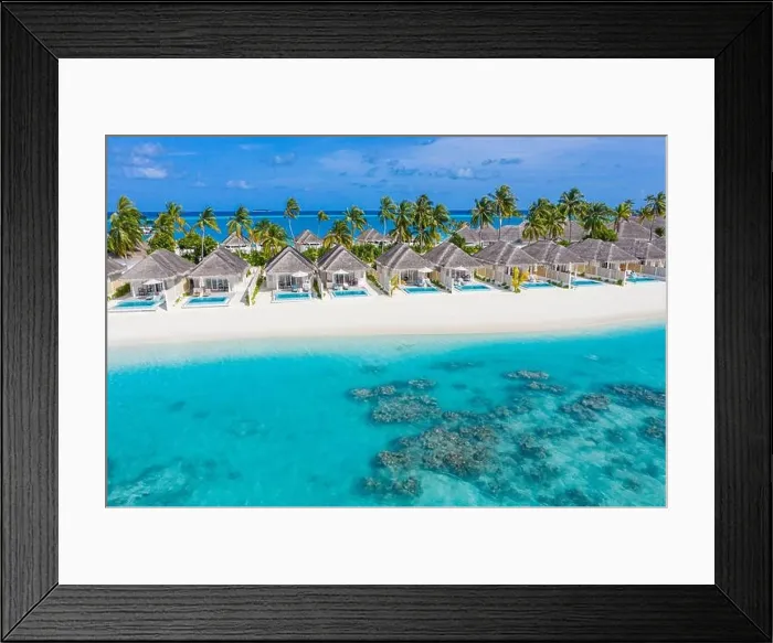 Framed Print : Perfect aerial landscape, luxury tropical resort or hotel with water villas and beautiful beach scenery. Amazing bird eyes view in Maldives, landscape Framed Print : Perfect aerial landscape, luxury tropical resort or hotel with water villas and beautiful beach scenery. Amazing bird eyes view in Maldives, landscape
