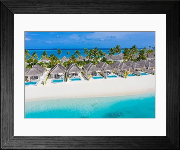 Framed Print : Perfect aerial landscape, luxury tropical resort or hotel with water villas and beautiful beach scenery. Amazing bird eyes view in Maldives, landscape Framed Print : Perfect aerial landscape, luxury tropical resort or hotel with water villas and beautiful beach scenery. Amazing bird eyes view in Maldives, landscape