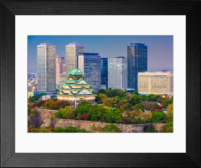 Framed Print : Osaka, Japan city skyline at the castle and business park at dusk in autumn Framed Print : Osaka, Japan city skyline at the castle and business park at dusk in autumn