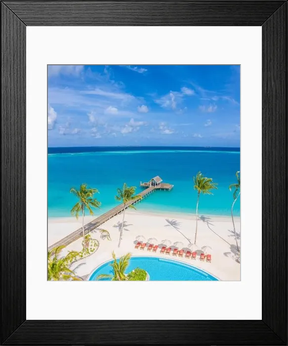 Framed Print : Luxury bay and beach from aerial top view, amazing beachfront, swimming pool on tropical island beach. Palm trees in sunlight, beautiful blue ocean Framed Print : Luxury bay and beach from aerial top view, amazing beachfront, swimming pool on tropical island beach. Palm trees in sunlight, beautiful blue ocean