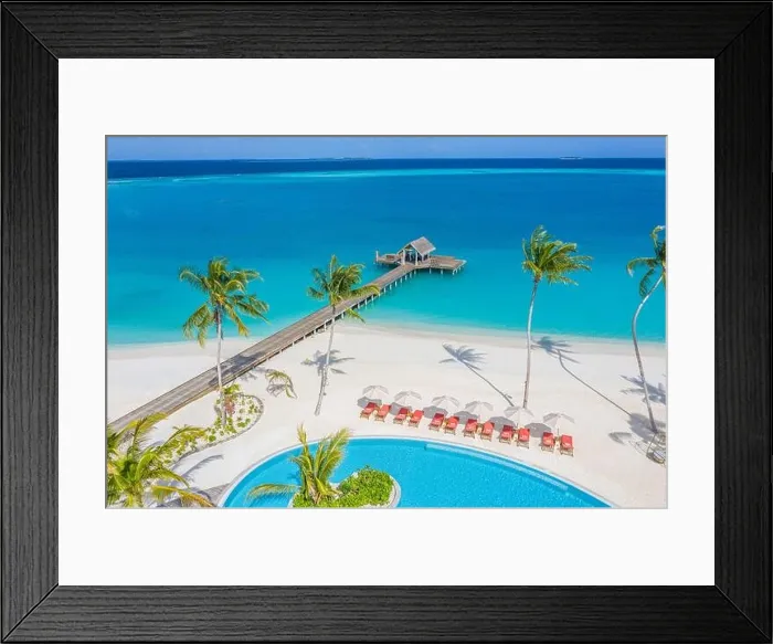Framed Print : Luxury bay and beach from aerial top view, amazing beachfront, swimming pool on tropical island beach. Palm trees in sunlight, beautiful blue ocean Framed Print : Luxury bay and beach from aerial top view, amazing beachfront, swimming pool on tropical island beach. Palm trees in sunlight, beautiful blue ocean