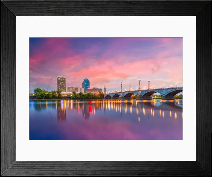 Framed Print : Springfield, Massachusetts, USA downtown skyline on the river at dusk Framed Print : Springfield, Massachusetts, USA downtown skyline on the river at dusk