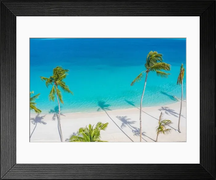 Framed Print : Aerial paradise scenery. Tropical aerial landscape, seascape with palm leaves shadows amazing sea and lagoon beach, tropical nature. Exotic tourism