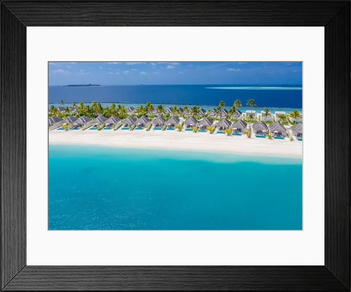 Framed Print : Perfect aerial landscape, luxury tropical resort or hotel with water villas and beautiful beach scenery. Amazing bird eyes view in Maldives, landscape