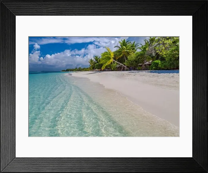 Framed Print : Maldives paradise beach. Perfect tropical island. Beautiful palm trees tropical beach. Moody blue sea sky blue lagoon. Luxury travel summer holiday