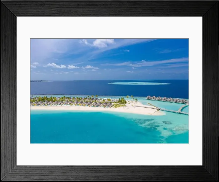 Framed Print : Perfect aerial landscape, luxury tropical resort or hotel with water villas and beautiful beach scenery. Amazing bird eyes view in Maldives, landscape Framed Print : Perfect aerial landscape, luxury tropical resort or hotel with water villas and beautiful beach scenery. Amazing bird eyes view in Maldives, landscape