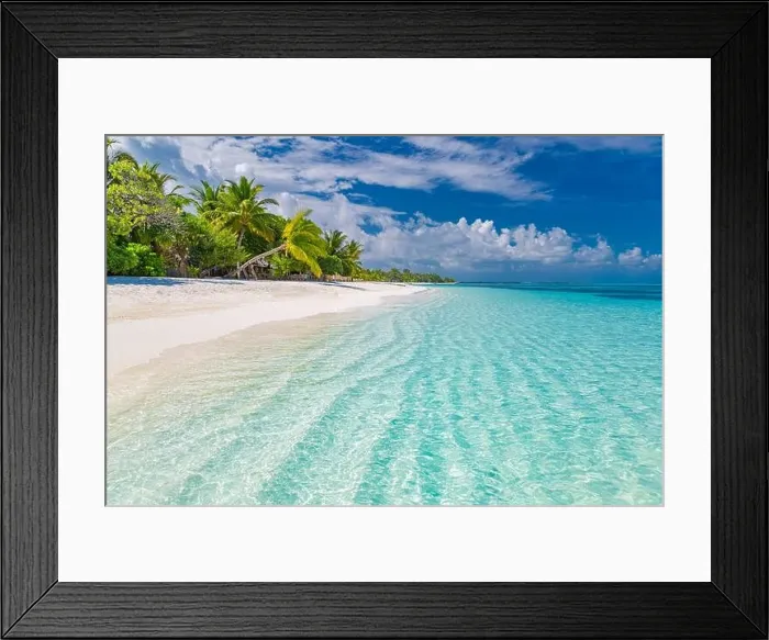 Framed Print : Maldives paradise beach. Perfect tropical island. Beautiful palm trees tropical beach. Moody blue sea sky blue lagoon. Luxury travel summer holiday Framed Print : Maldives paradise beach. Perfect tropical island. Beautiful palm trees tropical beach. Moody blue sea sky blue lagoon. Luxury travel summer holiday