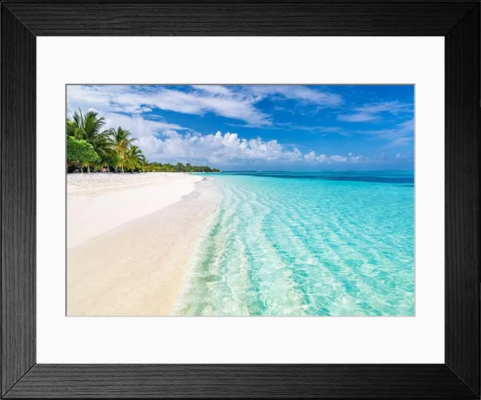 Framed Print : Maldives paradise beach. Perfect tropical island. Beautiful palm trees tropical beach. Moody blue sea sky blue lagoon. Luxury travel summer holiday Framed Print : Maldives paradise beach. Perfect tropical island. Beautiful palm trees tropical beach. Moody blue sea sky blue lagoon. Luxury travel summer holiday