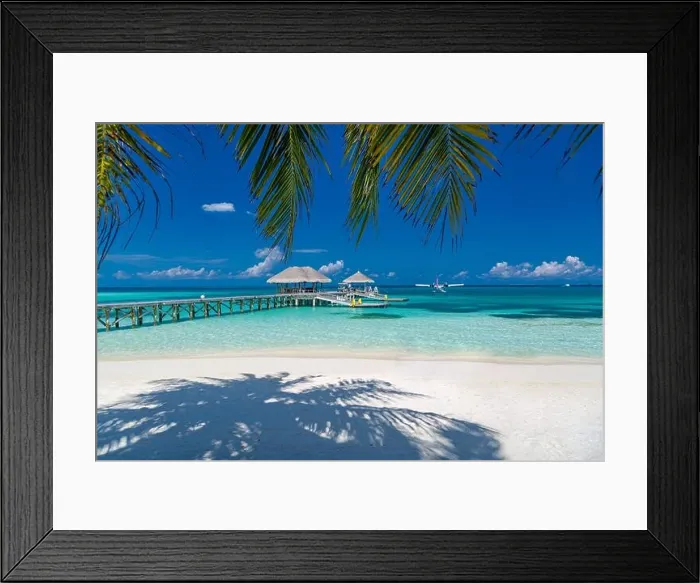 Framed Print : Tropical beach with water bungalows on the Maldives. Amazing shore coastline, sea view with luxury water villas and bungalows. Stunning sunny beach Framed Print : Tropical beach with water bungalows on the Maldives. Amazing shore coastline, sea view with luxury water villas and bungalows. Stunning sunny beach