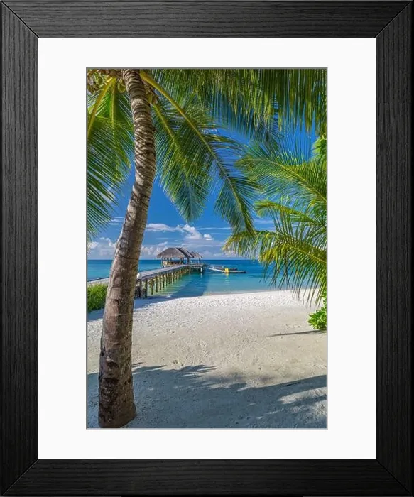 Framed Print : Beautiful tropical Maldives island with beach sea coconut palm tree on blue sky nature holiday vacation background concept. Luxury travel landscape Framed Print : Beautiful tropical Maldives island with beach sea coconut palm tree on blue sky nature holiday vacation background concept. Luxury travel landscape