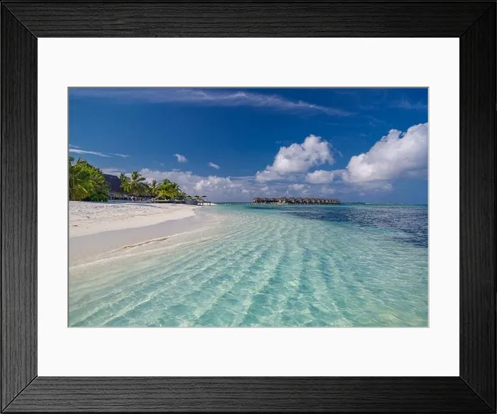 Framed Print : Maldives paradise beach. Perfect tropical island. Beautiful palm trees tropical beach. Moody blue sea sky blue lagoon. Luxury travel summer holiday Framed Print : Maldives paradise beach. Perfect tropical island. Beautiful palm trees tropical beach. Moody blue sea sky blue lagoon. Luxury travel summer holiday