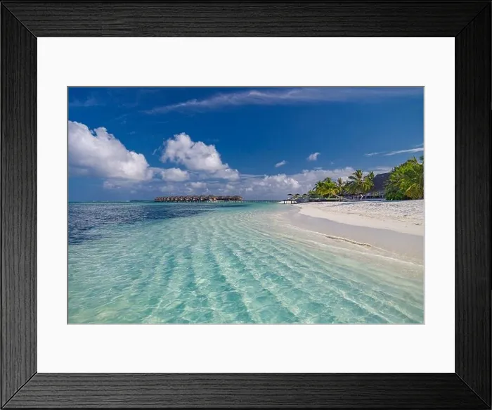 Framed Print : Maldives paradise beach. Perfect tropical island. Beautiful palm trees tropical beach. Moody blue sea sky blue lagoon. Luxury travel summer holiday