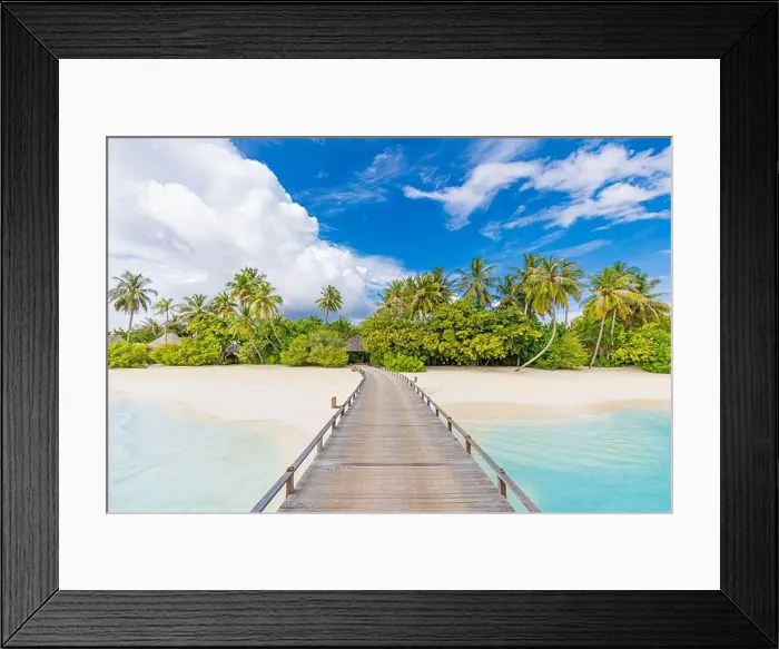 Framed Print : Maldives island beach. Tropical landscape of summer scenery, sea sand sky over jetty pier. Luxury travel vacation destination. Exotic beach landscape