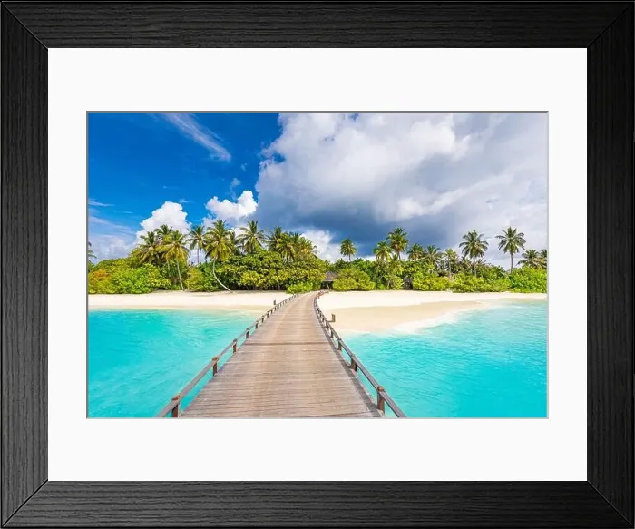 Framed Print : Maldives island beach. Tropical landscape of summer scenery, sea sand sky over jetty pier. Luxury travel vacation destination. Exotic beach landscape Framed Print : Maldives island beach. Tropical landscape of summer scenery, sea sand sky over jetty pier. Luxury travel vacation destination. Exotic beach landscape