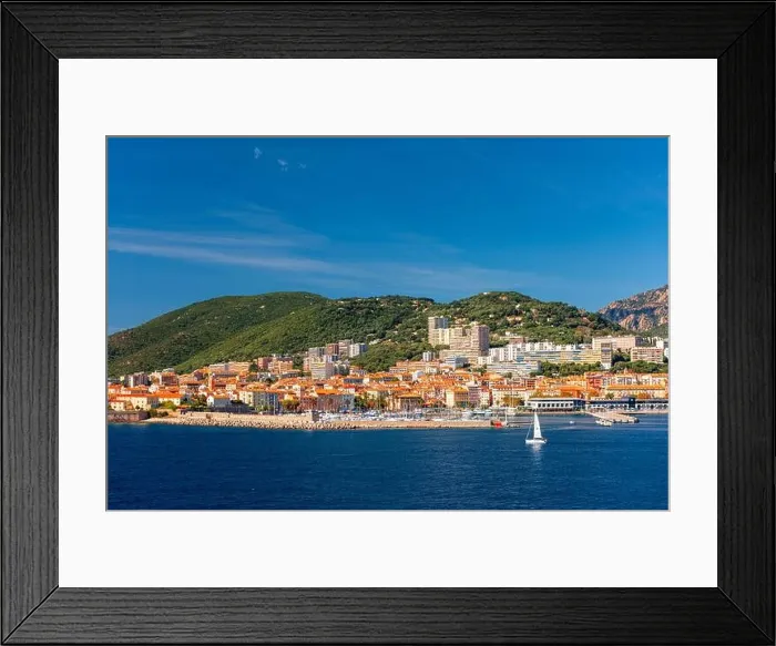 Framed Print : Corsica, France coastal resorts skyline on the Mediterranean Framed Print : Corsica, France coastal resorts skyline on the Mediterranean