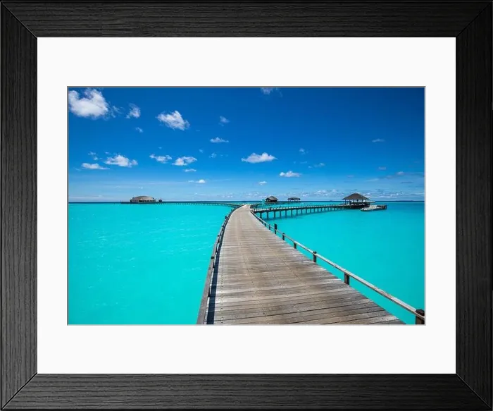 Framed Print : Maldives island beach. Tropical landscape of summer scenery, sea sand sky over jetty pier. Luxury travel vacation destination. Exotic beach landscape