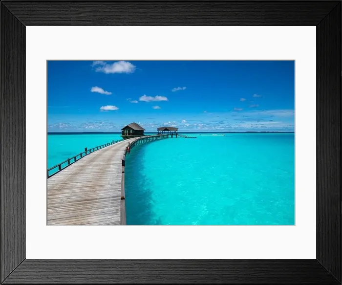 Framed Print : Maldives island beach. Tropical landscape of summer scenery, sea sand sky over jetty pier. Luxury travel vacation destination. Exotic beach landscape Framed Print : Maldives island beach. Tropical landscape of summer scenery, sea sand sky over jetty pier. Luxury travel vacation destination. Exotic beach landscape
