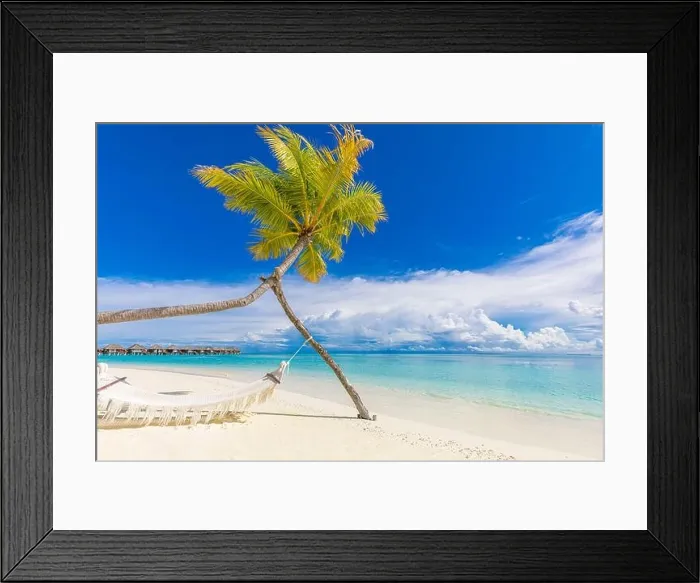 Framed Print : Tropical beach background as summer landscape. Perfect beach scene vacation and summer holiday concept. Beach swing or hammock and white sand and calm