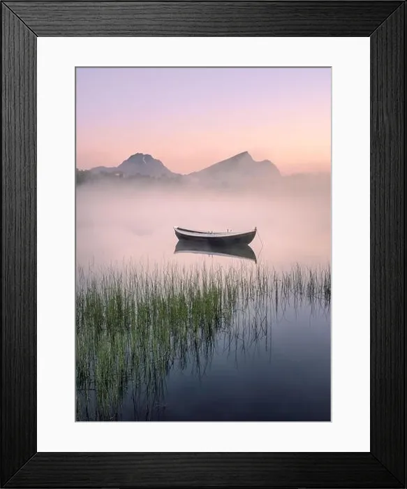Framed Print : Very peaceful summer night with wooden boat and fog in Lofoten, Norway Framed Print : Very peaceful summer night with wooden boat and fog in Lofoten, Norway