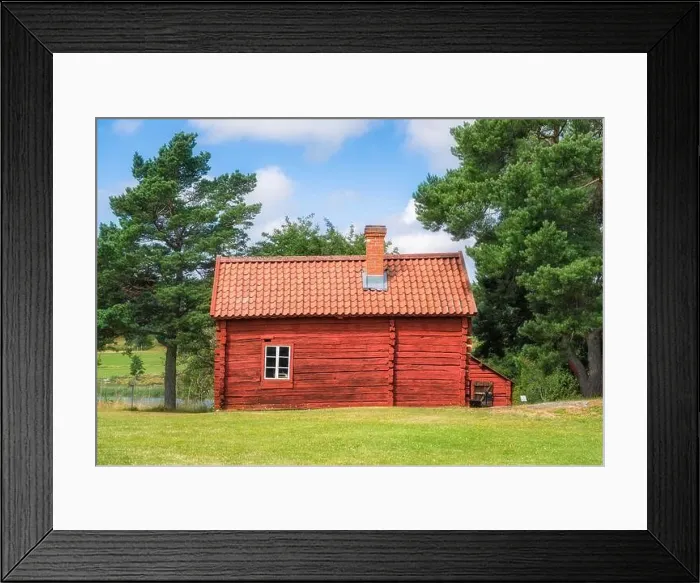 Framed Print : Cozy red timber cottage with bright and sunny summer day in Åland, Finland Framed Print : Cozy red timber cottage with bright and sunny summer day in Åland, Finland