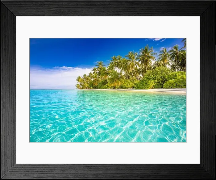 Framed Print : Amazing nature beach with palm trees and moody sky. Summer vacation travel holiday background concept. Maldives paradise beach. Luxury travel summer Framed Print : Amazing nature beach with palm trees and moody sky. Summer vacation travel holiday background concept. Maldives paradise beach. Luxury travel summer